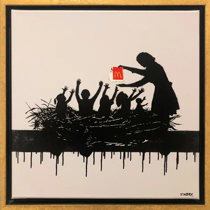 Tabby Street Art Stencil on canvas: Feeding time